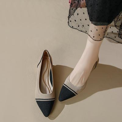 Flying Knitting Breathable Medium Heel Thick Heel Pointed Knitting Pointed Soft Sole Single Shoe Knitting Women's Spring and Autumn