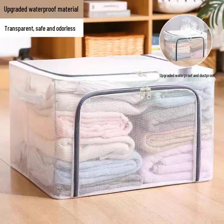 Steel Frame Waterproof Clothes Storage Box - Large Transparent Moisture-Proof Organizer for Quilts