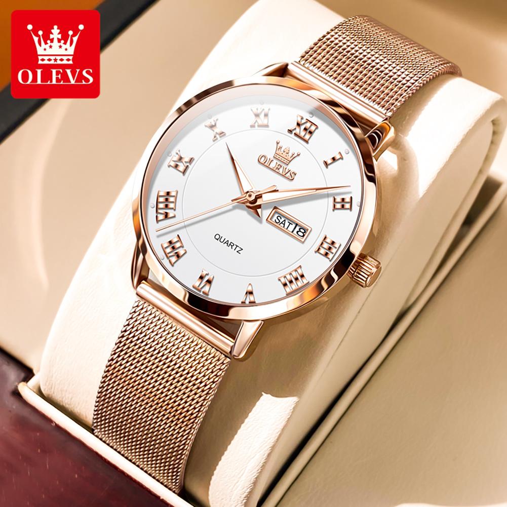 OLEVS Women's Watches Light Luxury Fashion Waterproof Stainless Steel Mesh Strap Original Quartz Wristwatch for Lady Luminous