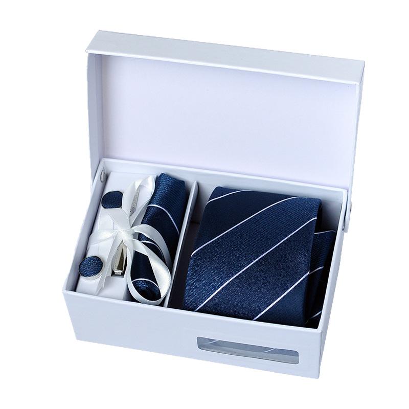 Men'S Six-Piece Formal Business Black 8Cm Striped Hand-Tie Groom Wedding Gift Box