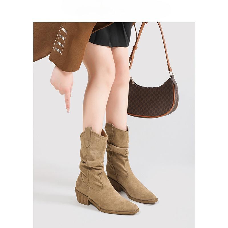 Pointed thin short boots Martin boots women's new autumn and winter retro thick heel knight boots pleated western pile boots