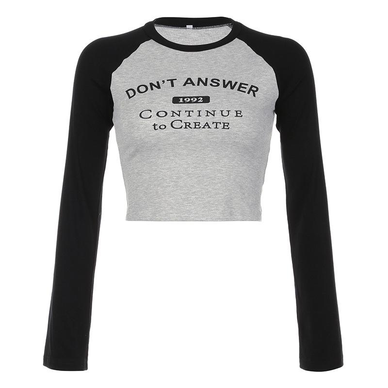 European and American Autumn and Winter Women's Street Letter Printed Contrasting Long Sleeved Crop Top T-shirt Round Neck Basic Top