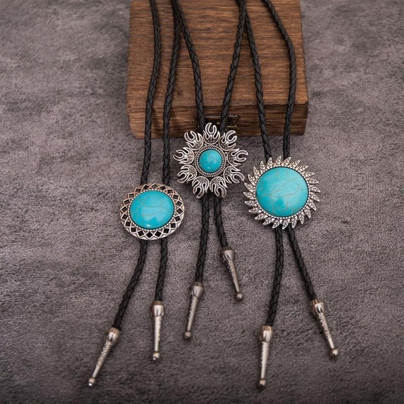 Bolo Tie for Women Men Western Bolo Tie Vintage Metal Flower Trim Stone Pendant Faux Leather Rope Necktie Tie Necklace