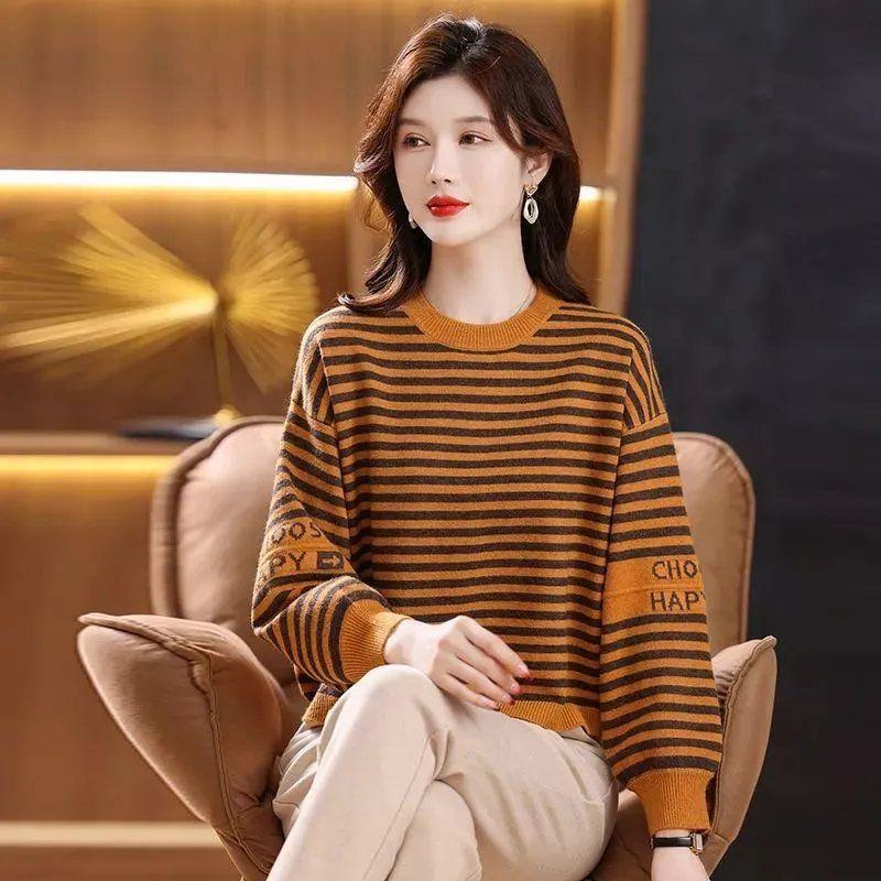 Autumn and Winter Round Neck Bottoming Shirt Women's Loose Inner Striped Top Fashion Plus Size Mother's All-match Sweater