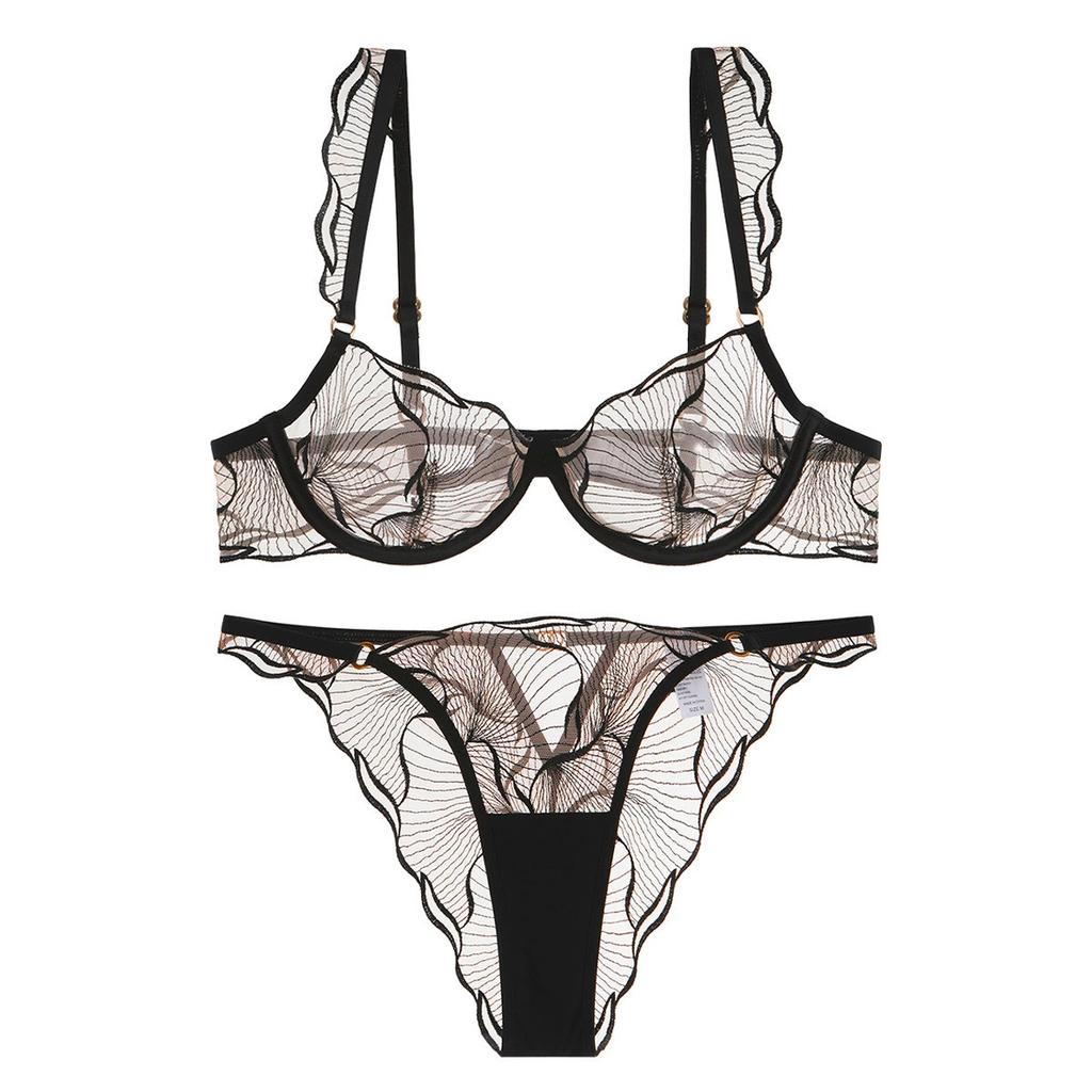 French Ultra Thin Underwear Set Sexy Mesh Breathable Bras Women Summer Lace Lingerie Black Temptation Intimates Briefs Sets