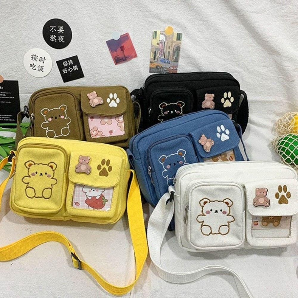 Embroidery Bear Transparent Itabag Solid Color Shoulder Bag Cute Canvas Shoulder Bag Student