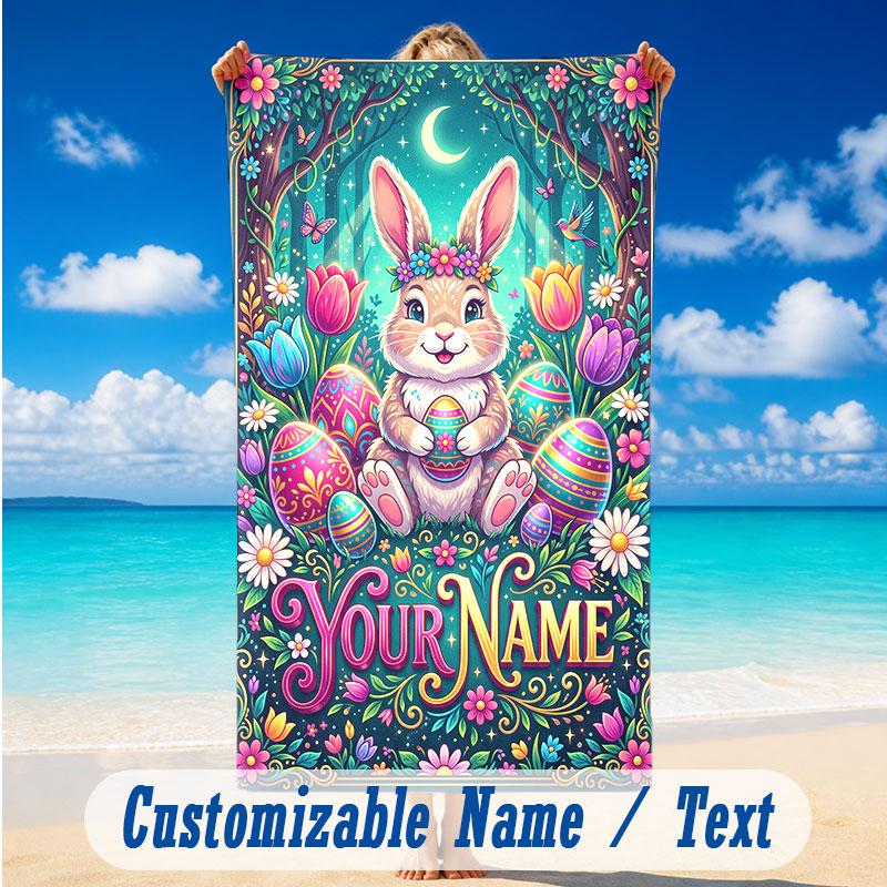 Easter Bunny Theme Beach Towel Personalized Custom Name & Text Soft Quick Dry Beach Towel for Swimming Travel