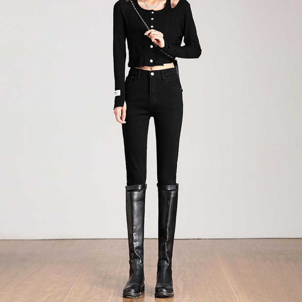 

Повседневные простые джинсы скинни для женщин на весну и осень, новые модные корейские тонкие и высокие универсальные брюки-карандаш 32 чёрный