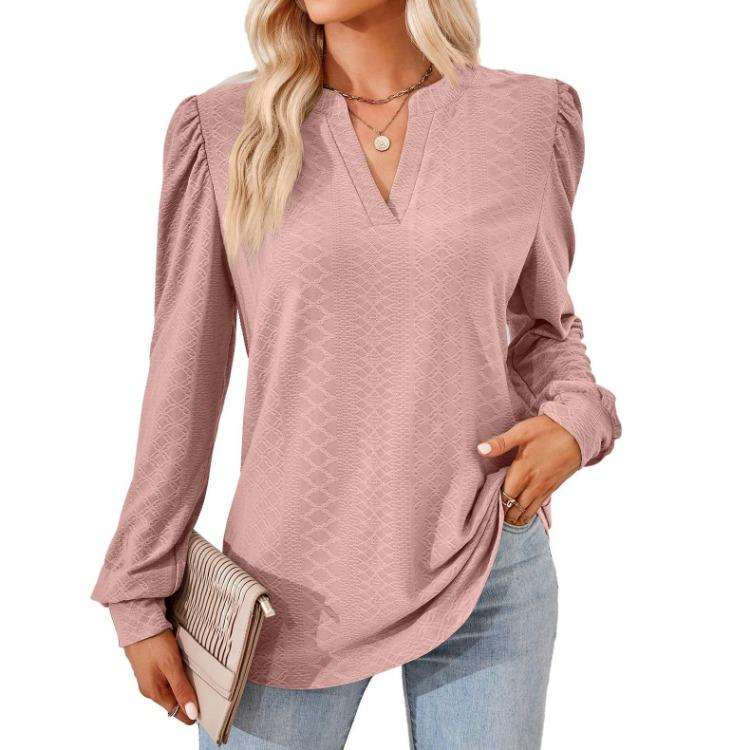 V-neck Long Sleeve T-shirt Women Loose Top Solid Jacquard Splice Design