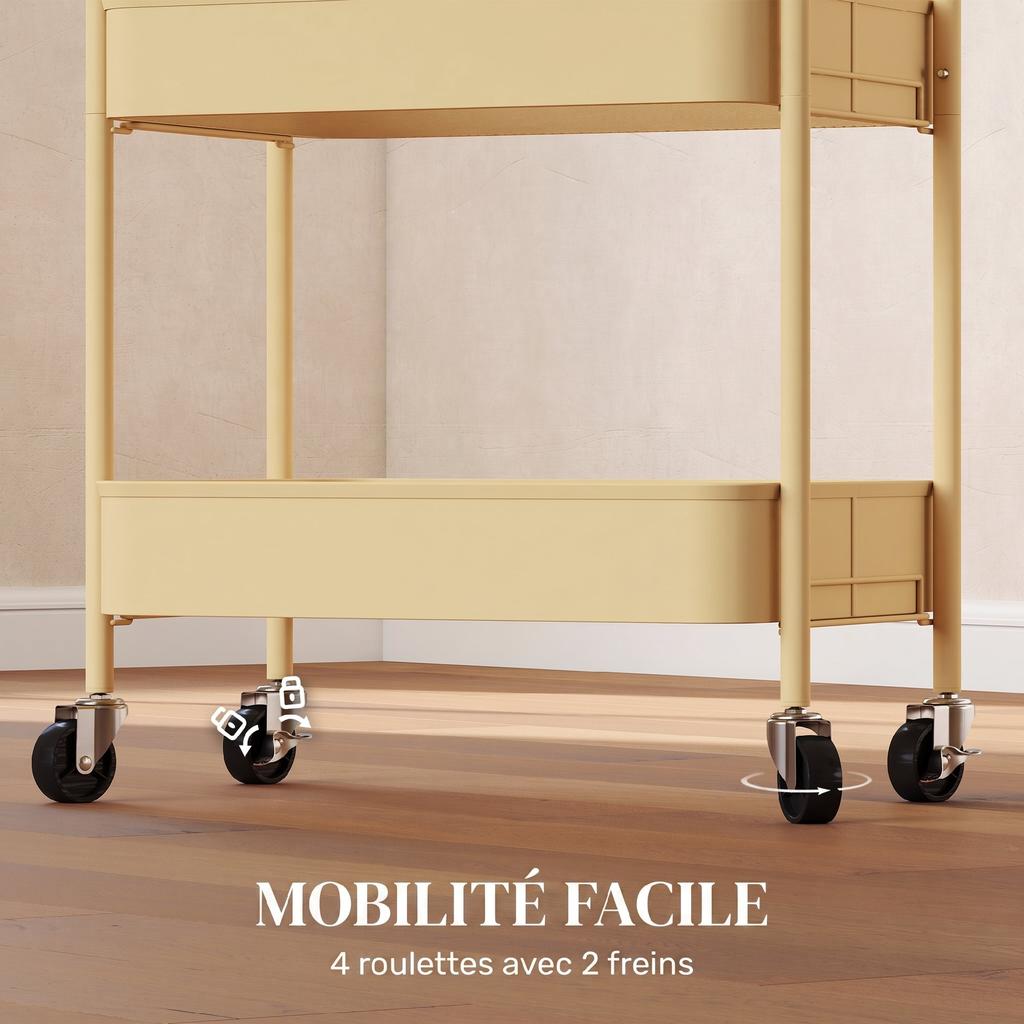 Serving Cart, Steel Trolley, 3 Perforated Shelves, 45 x 30.6 x 79 cm, Yellow