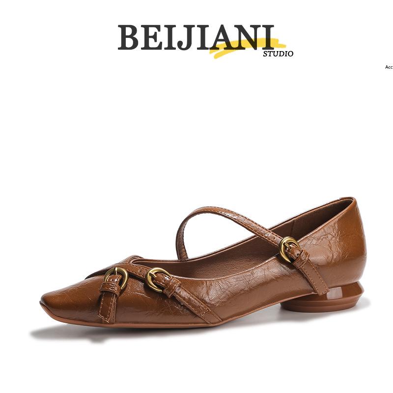 Beijiani Women's Cross-Buckle Sheepskin Mary Jane Square-Toe Flats