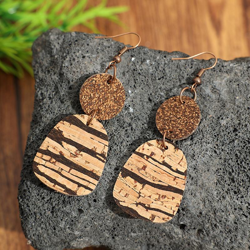 Fashion Double Layer Cork Texture Dangle Earrings Wood Grain Patchwork Design Niche Artistic Earrings Versatile Commute Wear For Ladies