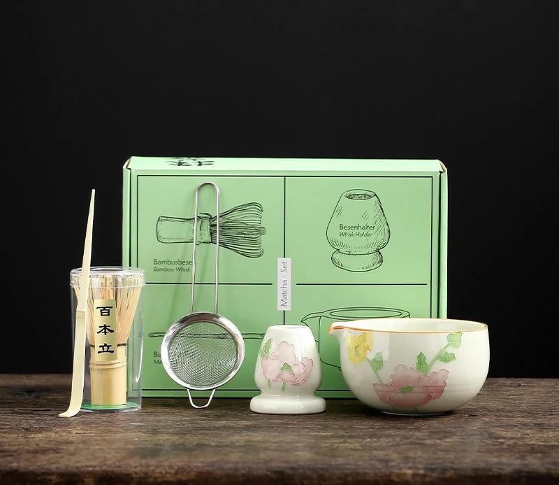 

Japanese Hand-Painted Matcha Bowl Set 5-Piece Tea Making Tools With Chasen Stand Hyakuhon Dachi Tea Ceremony Utensils