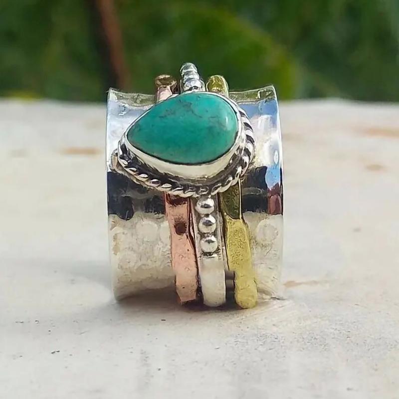 Vintage Imitation Turquoise Ring, Water Drop Three-Color Ring, Domineering Bohemian Ring.
