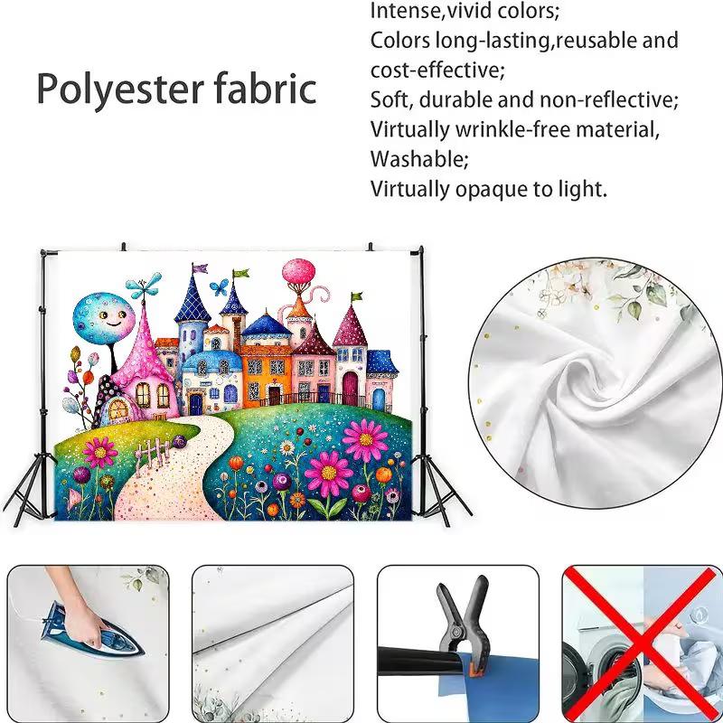 2D Magical Kingdom Backdrop, Cute Colorful Castle and Garden Illustration Background
