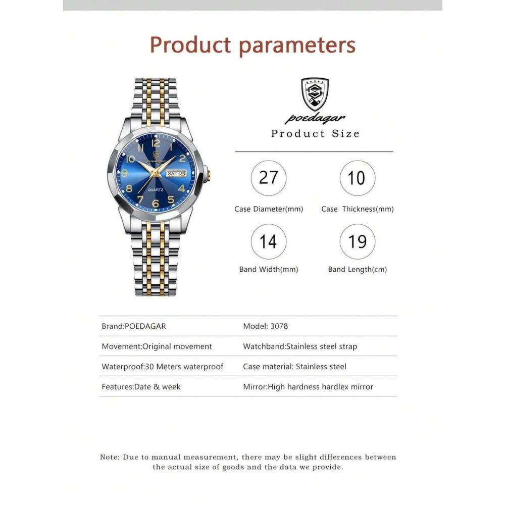 POEDAGAR Montre-bracelet étanche lumineuse à date en acier inoxydable pour femme, Montres tendance pour dames, Cadeaux pour femmes