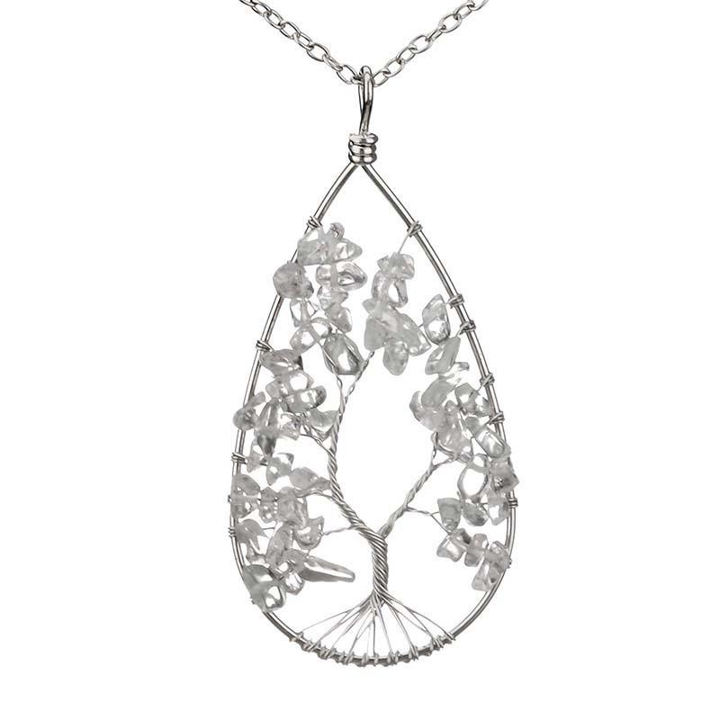 Silver Tree of Life Necklace with Seven-Color Natural Stone and Crystal Water Drop Pendant