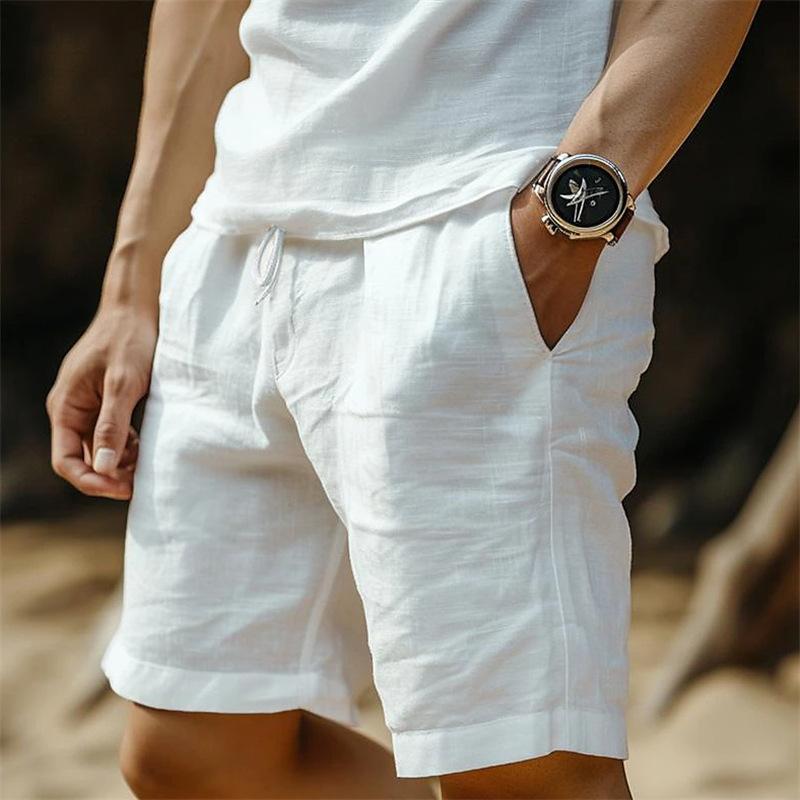 Cotton and Linen Shorts with Drawstring Elastic Waistband Straight Legs Solid Color Breathable Daily Beach Five Point Casual Men’s Shorts