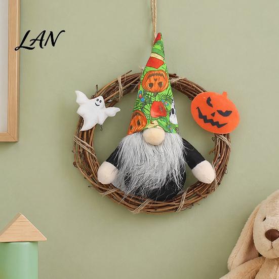 Rustic Halloween Decor Gnome Wreath, Faceless Rattan Hanging Decoration Handmade Wreath with Pumpkin Ghost for Front Door Wall Holiday Party