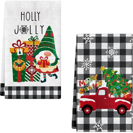 2 Pack Christmas Kitchen Towels and Dish Towels, 16 x 24 Inch Christmas Plaid Truck Tree Gnome Gift Box Absorbent Drying Cloth Tea for Cooking Baking