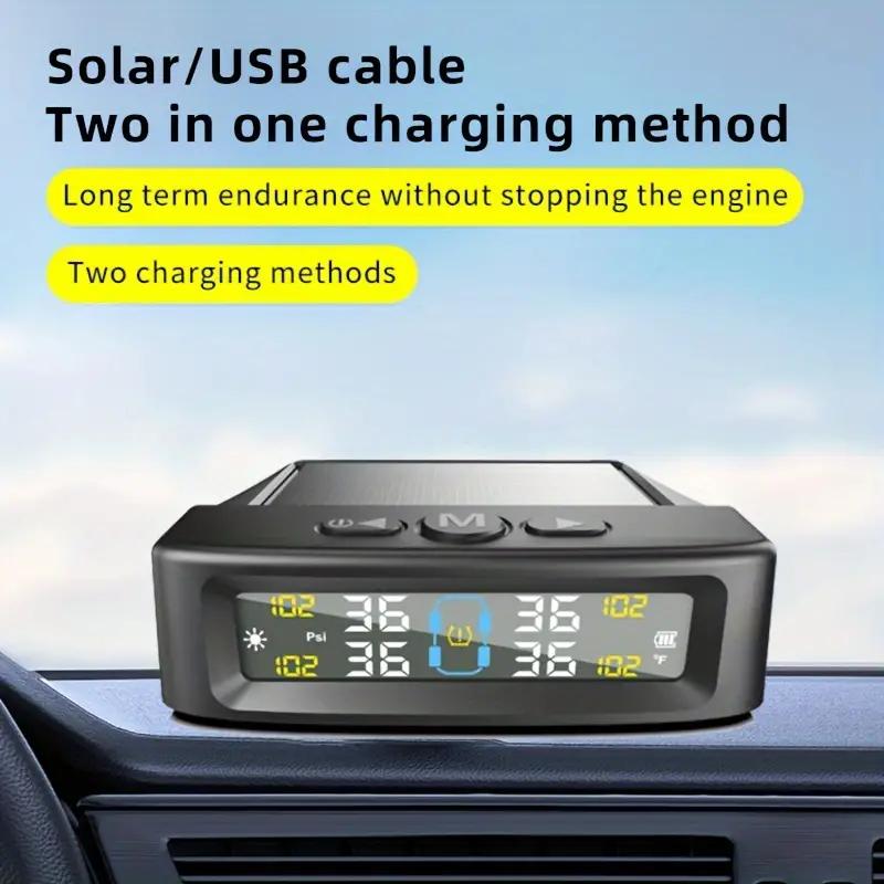 Dispositivo de alarma de presión de neumáticos para automóvil con sistema TPMS solar, pantalla digital colorida y 4 sensores externos, advertencia de temperatura y presión de neumáticos