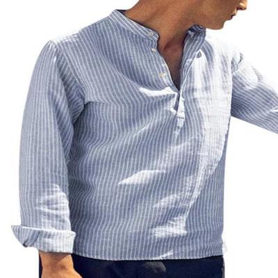 Men Shirt Striped Stand Collar Soft Long Sleeve Buttons Blouse for Dating