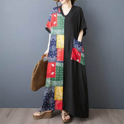 DIMANAF 2025 Summer Women Plus Size Dress Basic Casual Dress Loose Vintage Printing Long Beach Short Sleeve Dress