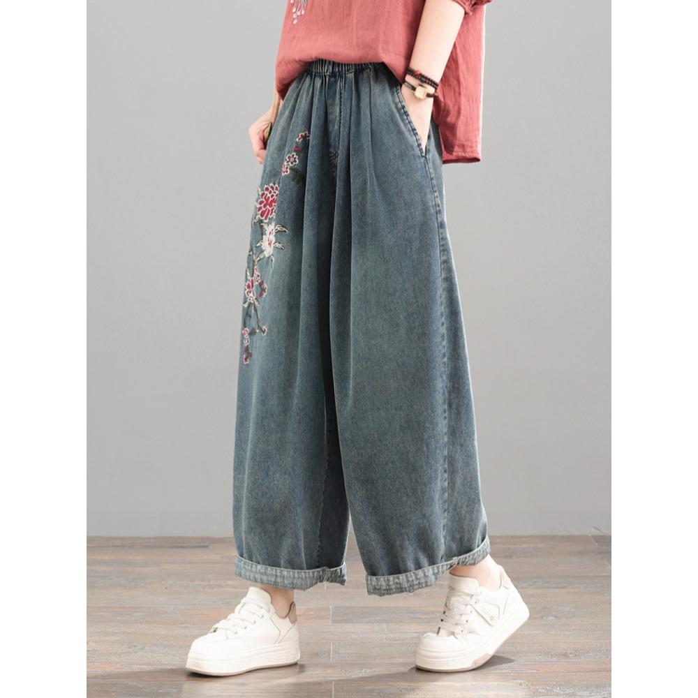 Dimanaf 2025 Sommer Damen Jeans Lässig Bestickte Blumen Haremshosen Hohe Taille Elastische Grundlegende Lose Haremshosen