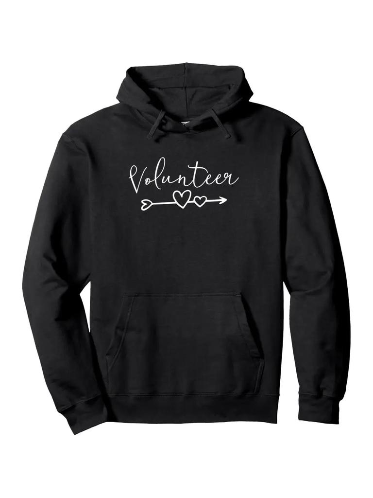 Casual Black Hoodie with "Volunteer" Print - Long Sleeve