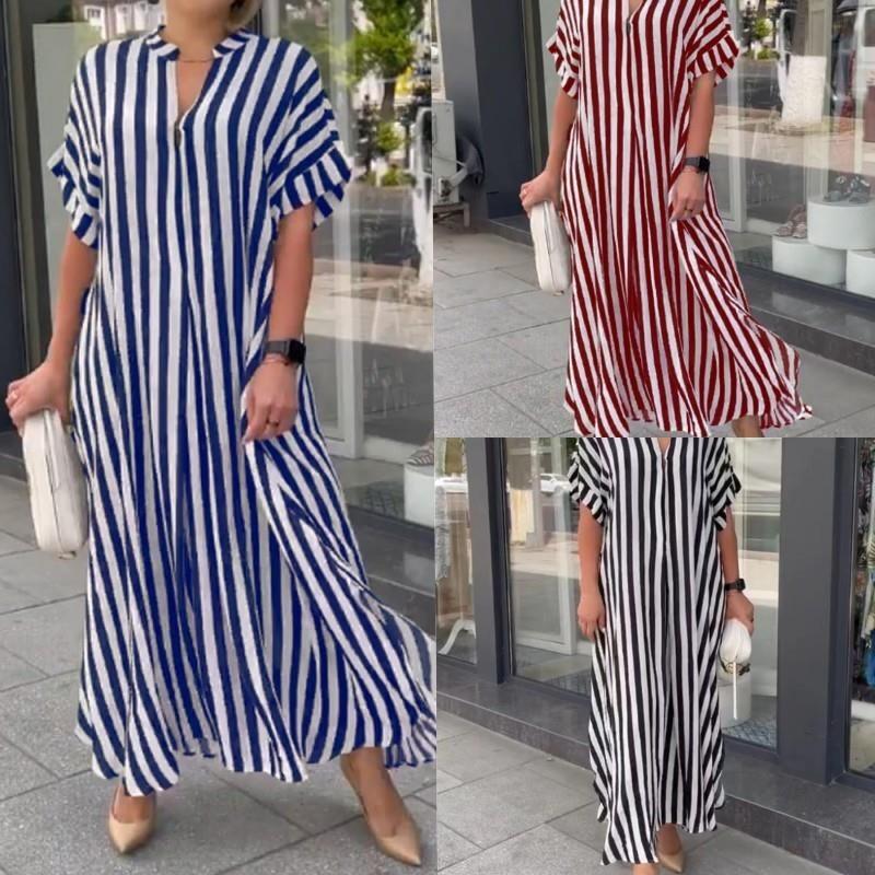 Fashion Side Slit Striped Loose Casual Short-sleeved Dress
