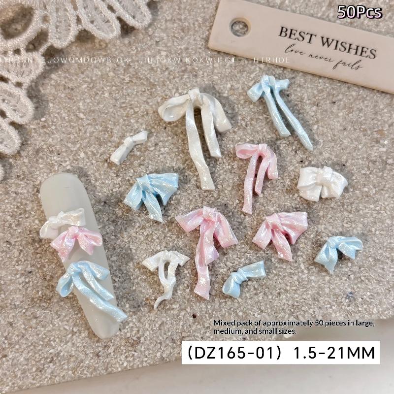 50 Pcs Bowknot Nail Art Decorations 3D Satin Light Nail Charms Colorful Ribbon Bow Rhinestone Diy Manicure Tools Parts