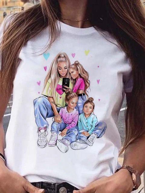 Women T Shirt Cartoon Mom Daughter Son Print Lady Tshirts Short Sleeve Tops Womens Kawaii Graphic Female Tshirt Clothe
