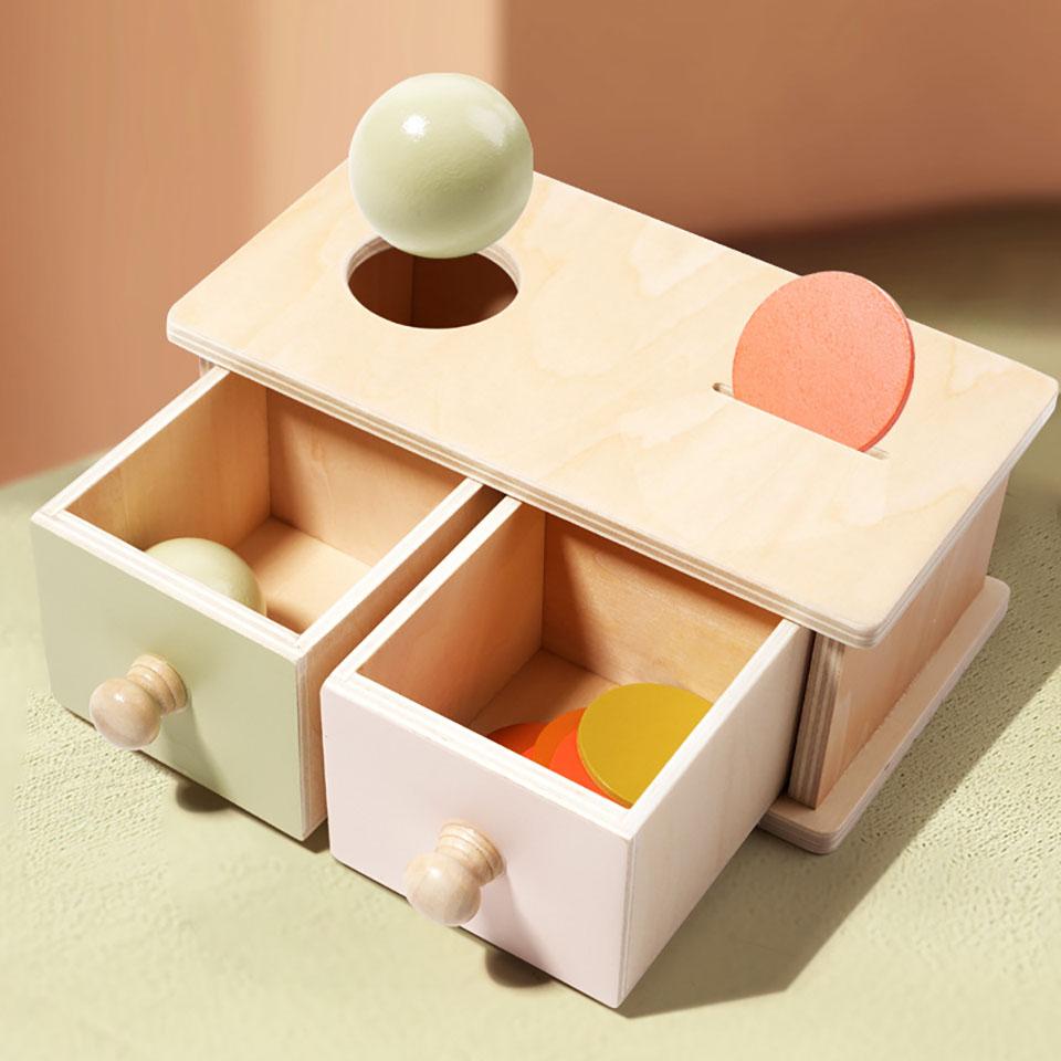 Montessori Coin Box Toys Object Permanent 2-in-1 Wooden Ball Drop Games & Wooden Puzzle Double Drawers Toys Gifts for Toddler