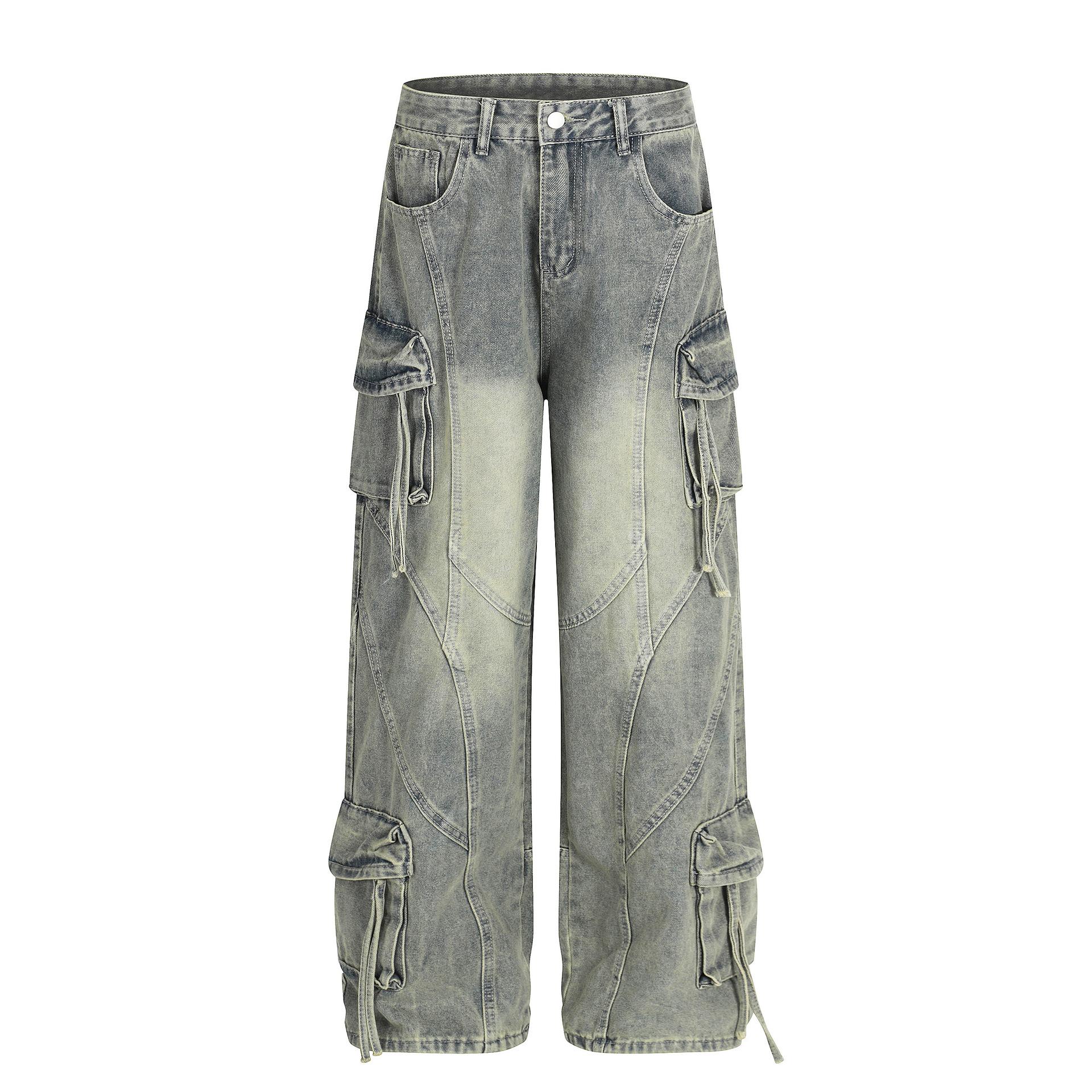 Tide brand American retro washing machine tooling jeans straight vibe wide leg trousers S