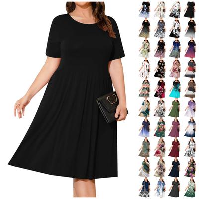 Dames Plus Size Zomerjurk Casual Korte Mouw Paletead Taille Losse Fit Swing T-shirt Jurk Met Zakken
