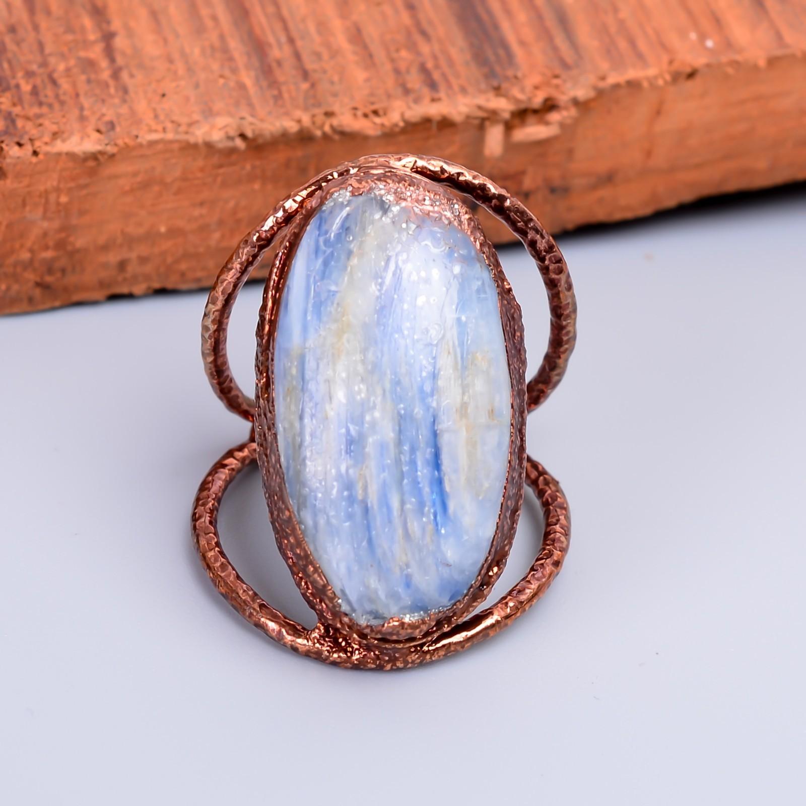 

Throat Chakra Natural Blue Kyanite Electroformed Eternity Ring Jewelry Copper V-58