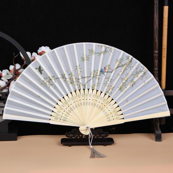 

Vintage Flower Bird Print Folding Fan Portable Chinese Style Bamboo Handheld Fan with Tassel Pendant for Dance Music Festival Wedding Accessories