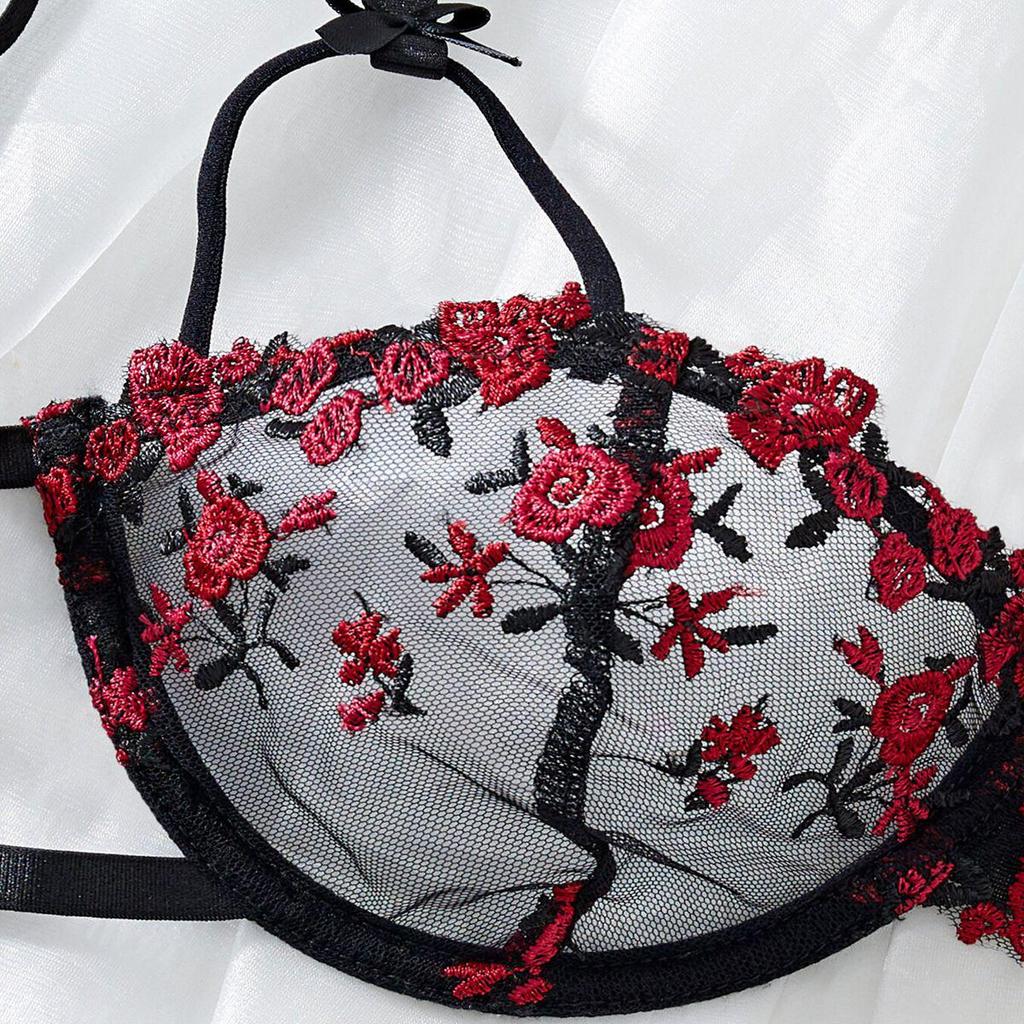 High-Quality Black Embroidered Lingerie Set with Steel Ring