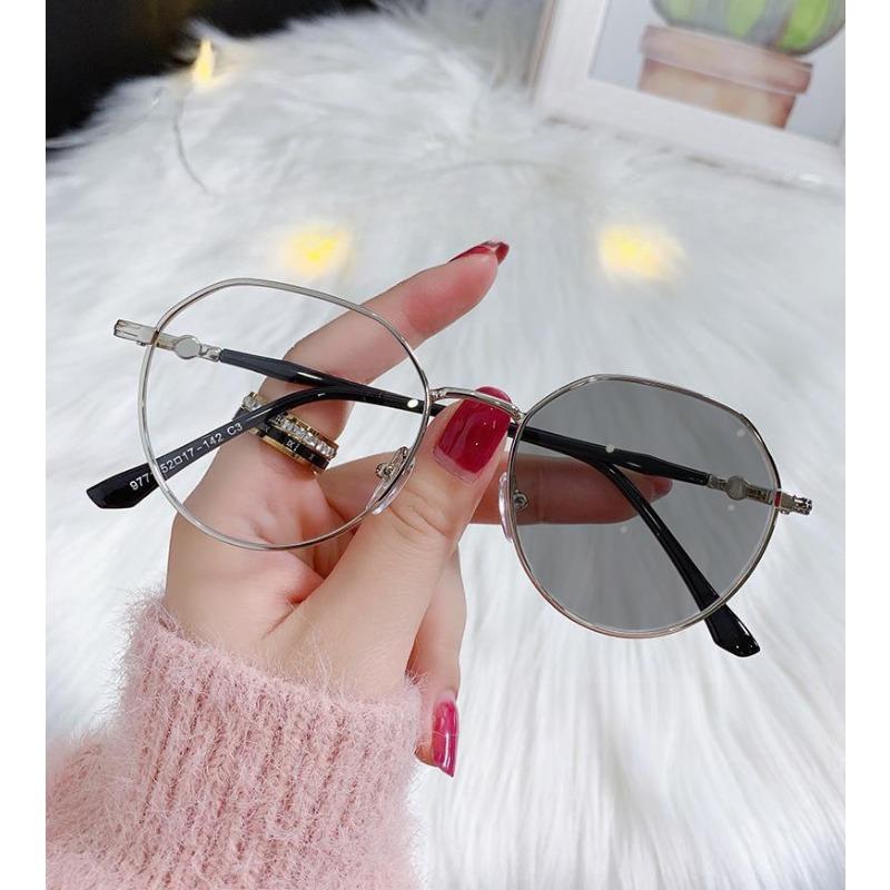 

Фотохромные очки, плоские очки с защитой от синего света, модные металлические оправы интернет-знаменитостей, очки для близорукости с открытым лицом для девочек -600