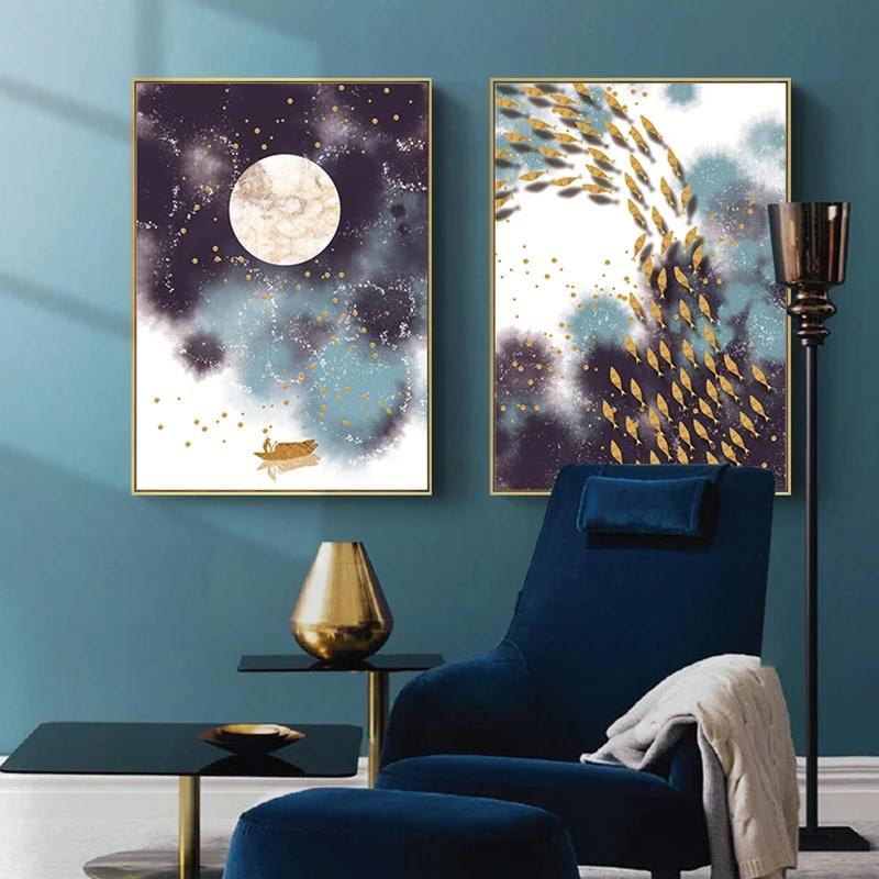 

Китайский пейзаж Ночной вид на озеро Луна Лодка и рыба Группа Настенный плакат Абстрактный холст Живопись Печать картин для домашнего декора