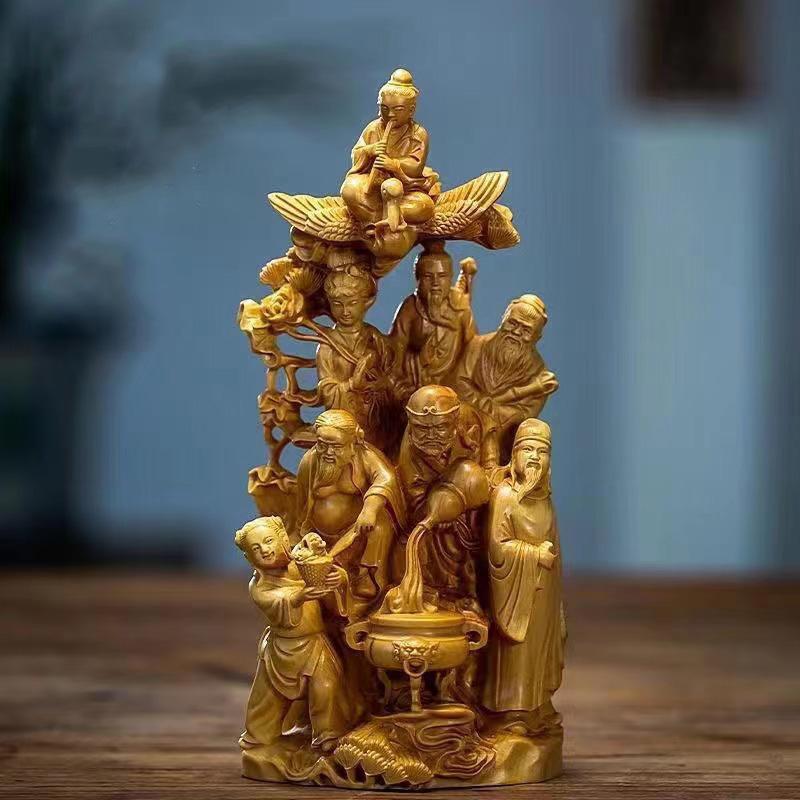 Natural Solid Wood  Eight Lmmortals Crossing The Sea Statue Chinese Mythological Characters Home Room Office Decoration Statue