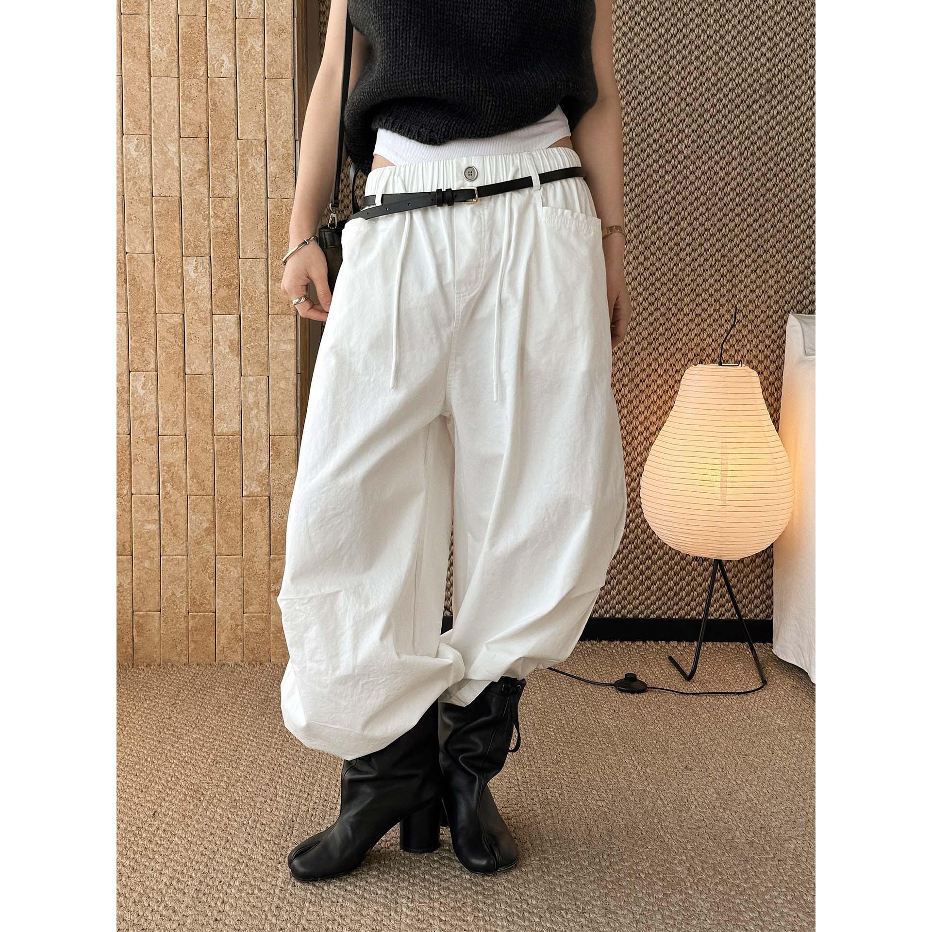 

Louvre Spring Japanese Retro Workwear Elastic Waist Drawstring Cropped Cotton Pants with Pockets for Women One Size белый