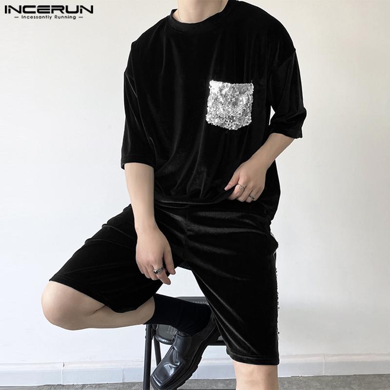 

INCERUN/летние комплекты из двух предметов, мужские топы с короткими рукавами и шорты, длинные брюки, повседневный свободный костюм размера плюс