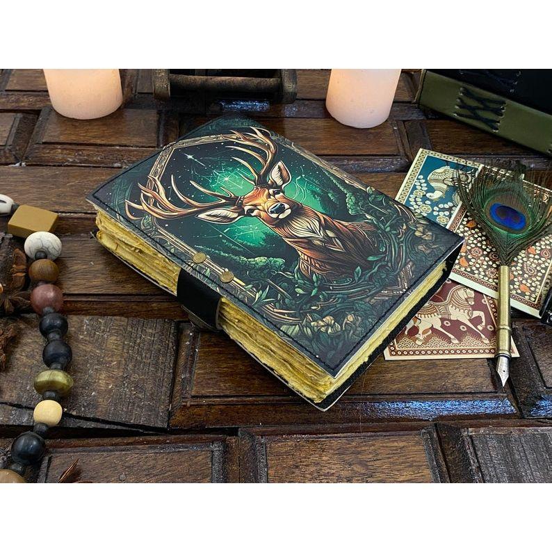 Vintage Leather Journal Deer Printed Journal Blank Spell Book of Shadows Handmade Leather Journal Grimoire Journal with Deckle Edge Paper