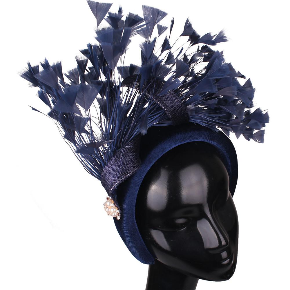 

European And American Flannel Sponge Cloth Bag Headband Wide Edge Hemp Yarn Feather Headband Hairpin темно-синий