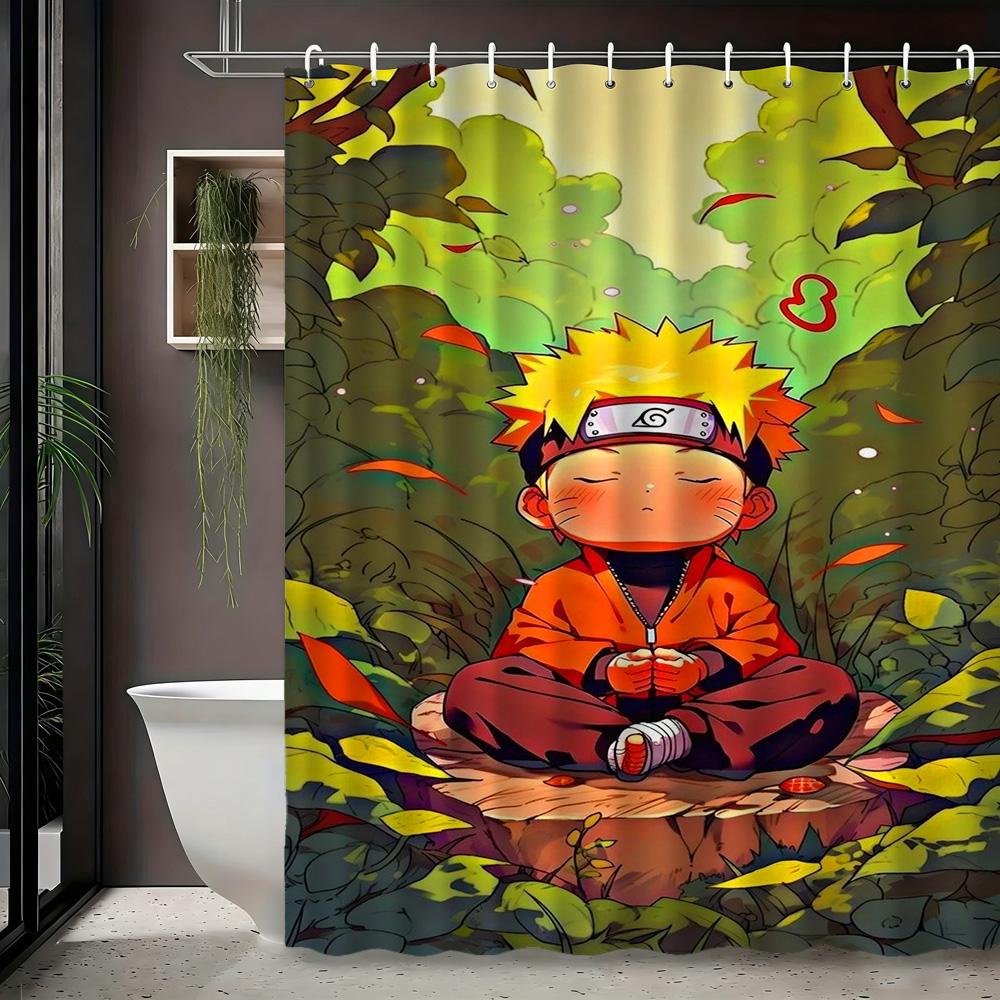 2D Flat Naruto Anime Chibi Naruto Uzumaki Meditating In Forest Print Waterproof Shower Curtain For Bathroom Decor