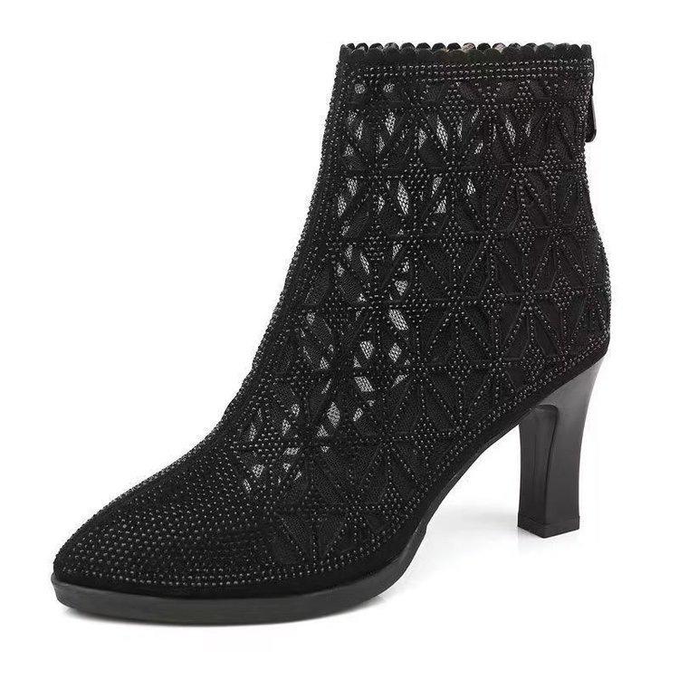 Hollow net boots spring and summer new cool boots mesh yarn breathable hot drill pointed high heels single boots