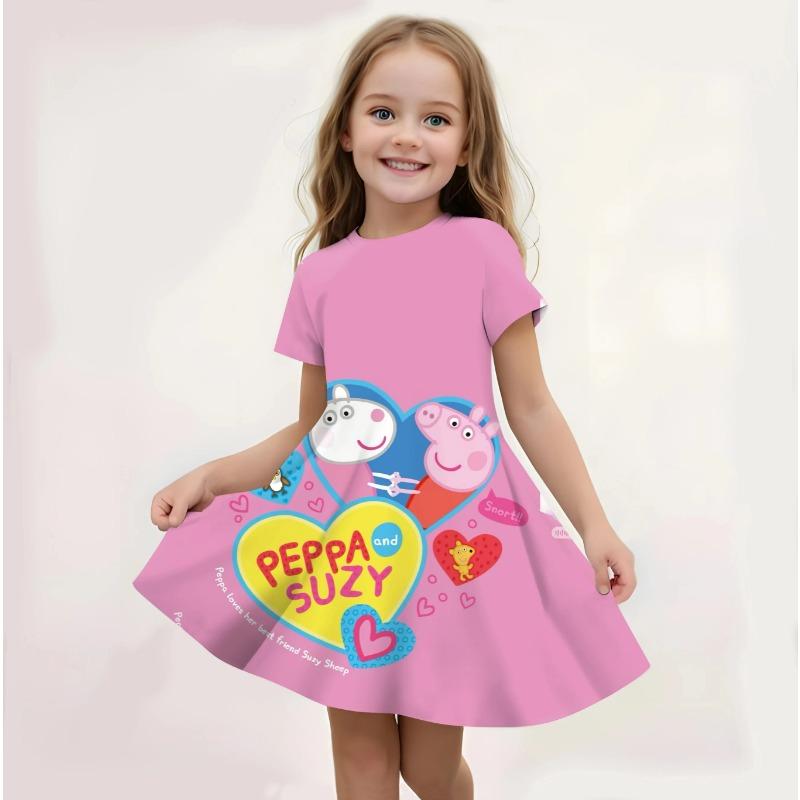 Summer Casual Sundress Kids Girls Peppa Pig Cute Cartoon Print Loose Fit Soft Lightweight 110