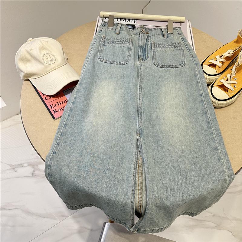 

High-Waist Light Blue Denim Skirt: Women s Retro Mid-Length, Front Slit, Summer Style Medium светло-синий