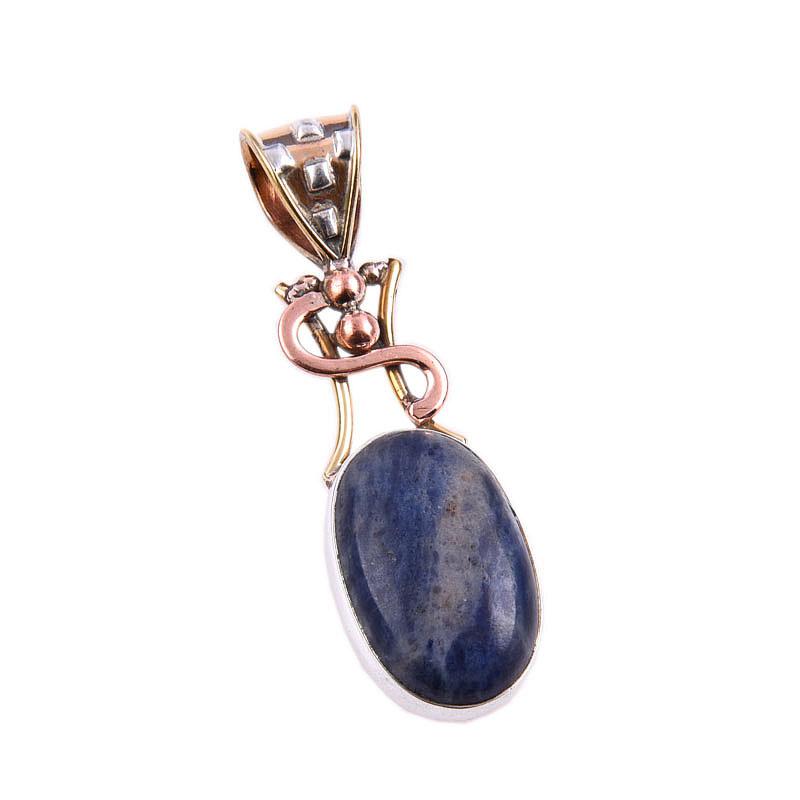 Natural Sodalite Gemstone 925 Solid Sterling Silver Two Tone Pendant 1.75" h7A43